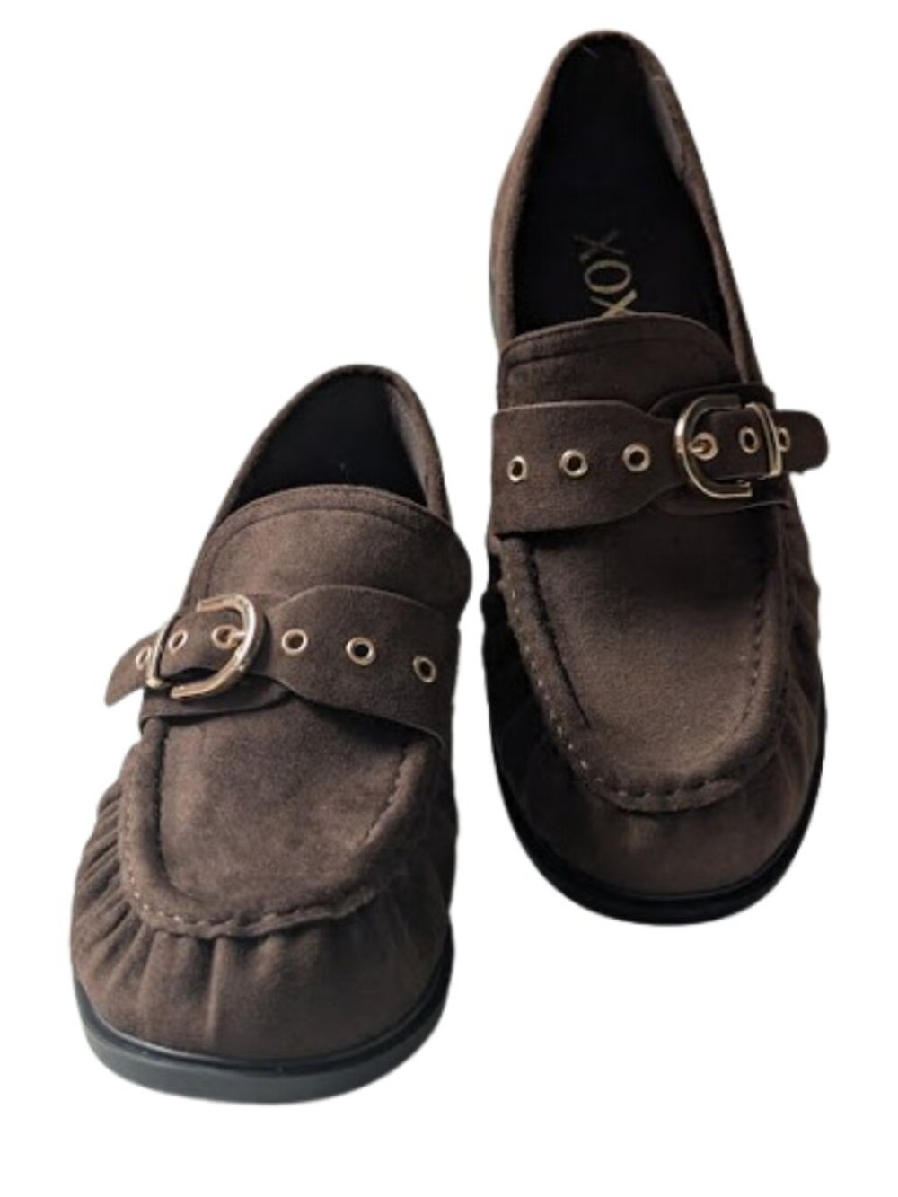 XOXO Womens Chocolate Brown Buckle strap Faux Suede Loafers Size 7 New w/o Box